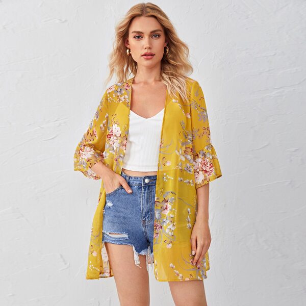 

Flounce Sleeve Floral Print Kimono, Mustard yellow
