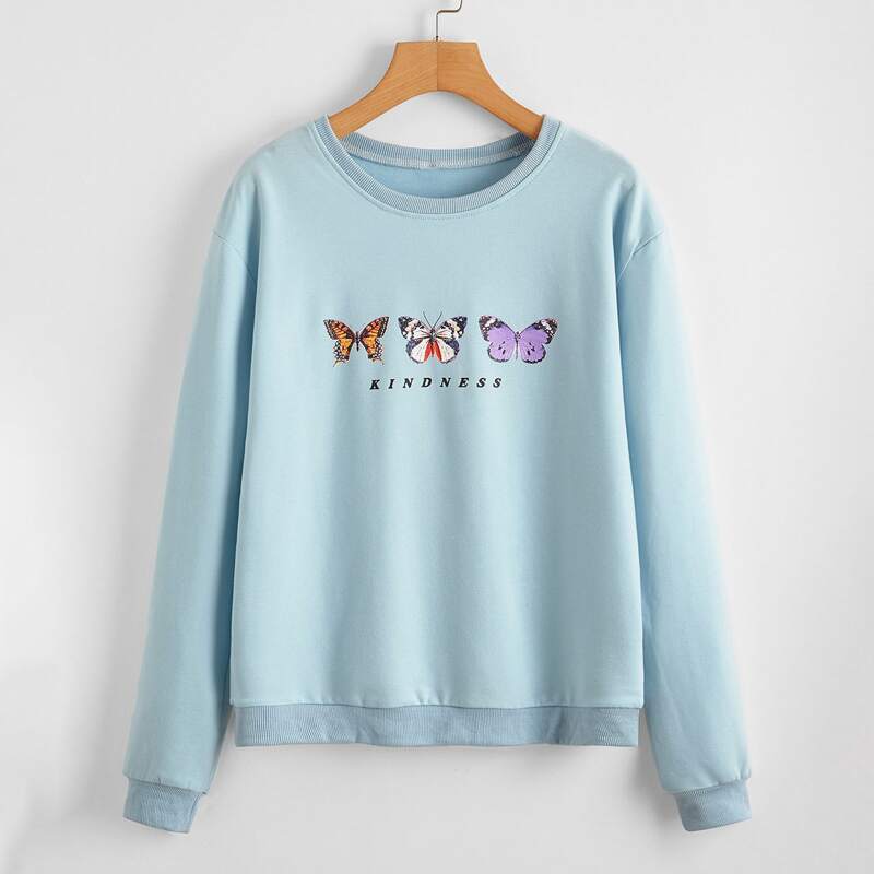 

Butterfly Print Sweatshirt, Baby blue
