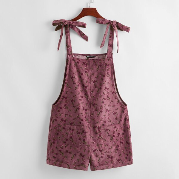 

Knotted Strap Ditsy Floral Cord Overall Shorts, Rose red