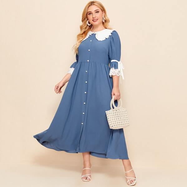 

Plus Button Front Eyelet Embroidered Cuff Dress, Blue