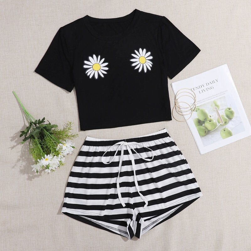 

Striped Shorts PJ Set, Black and white