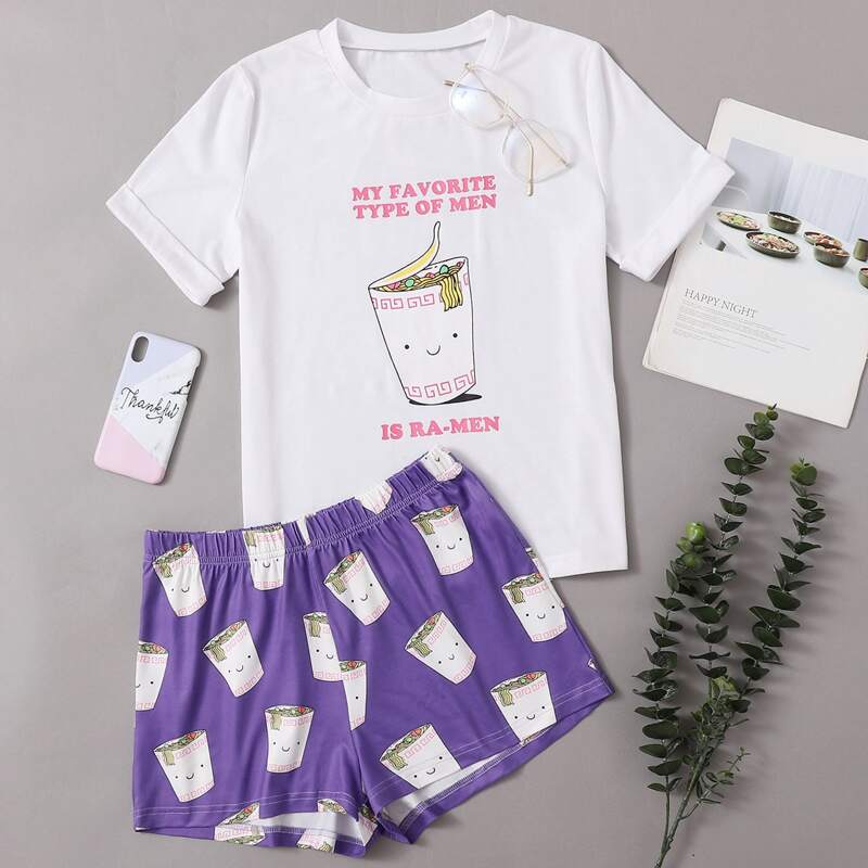 

Cartoon Print Shorts PJ Set, Multicolor