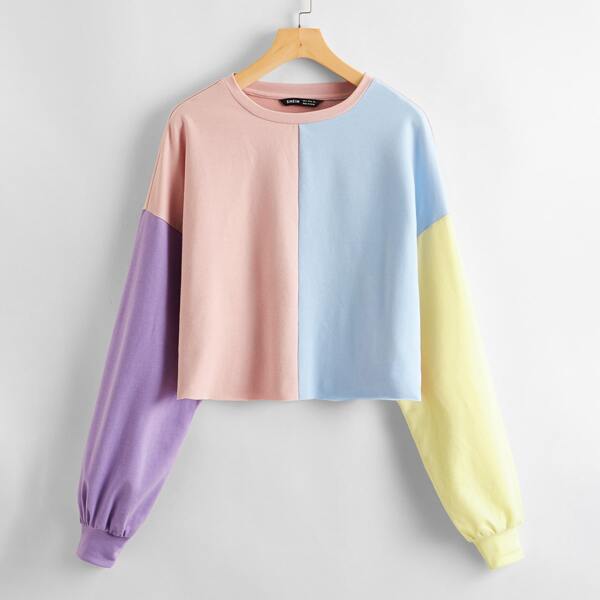 

Drop Shoulder Colorblock Crop Pullover, Multicolor