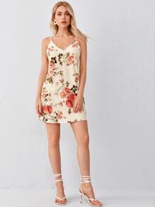 SHEIN Privé 花卉圖案吊帶洋裝 - 米色 - 查看 4