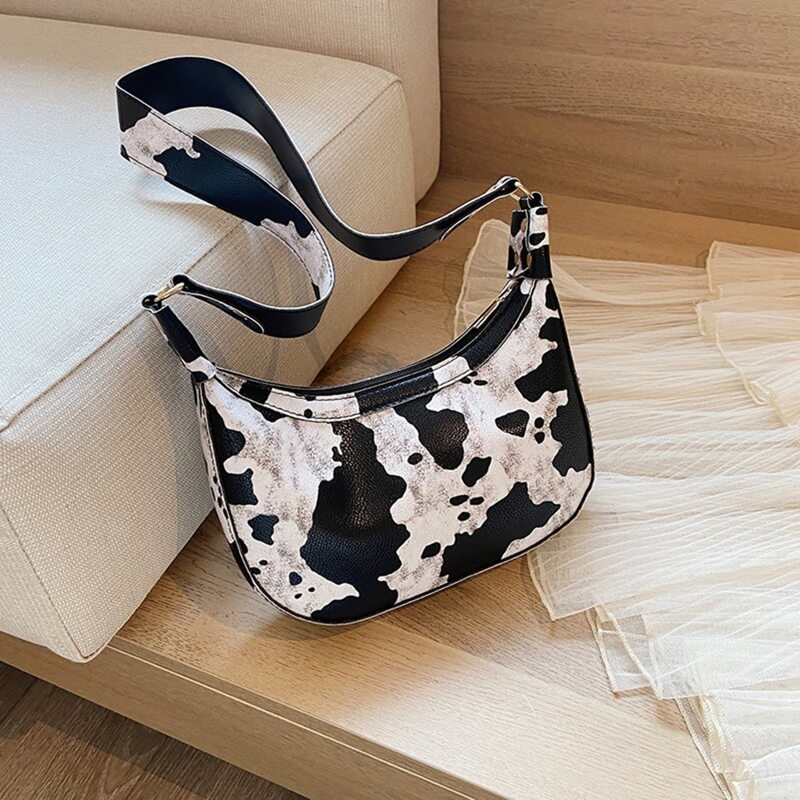 

Cow Print Baguette Bag, Black and white