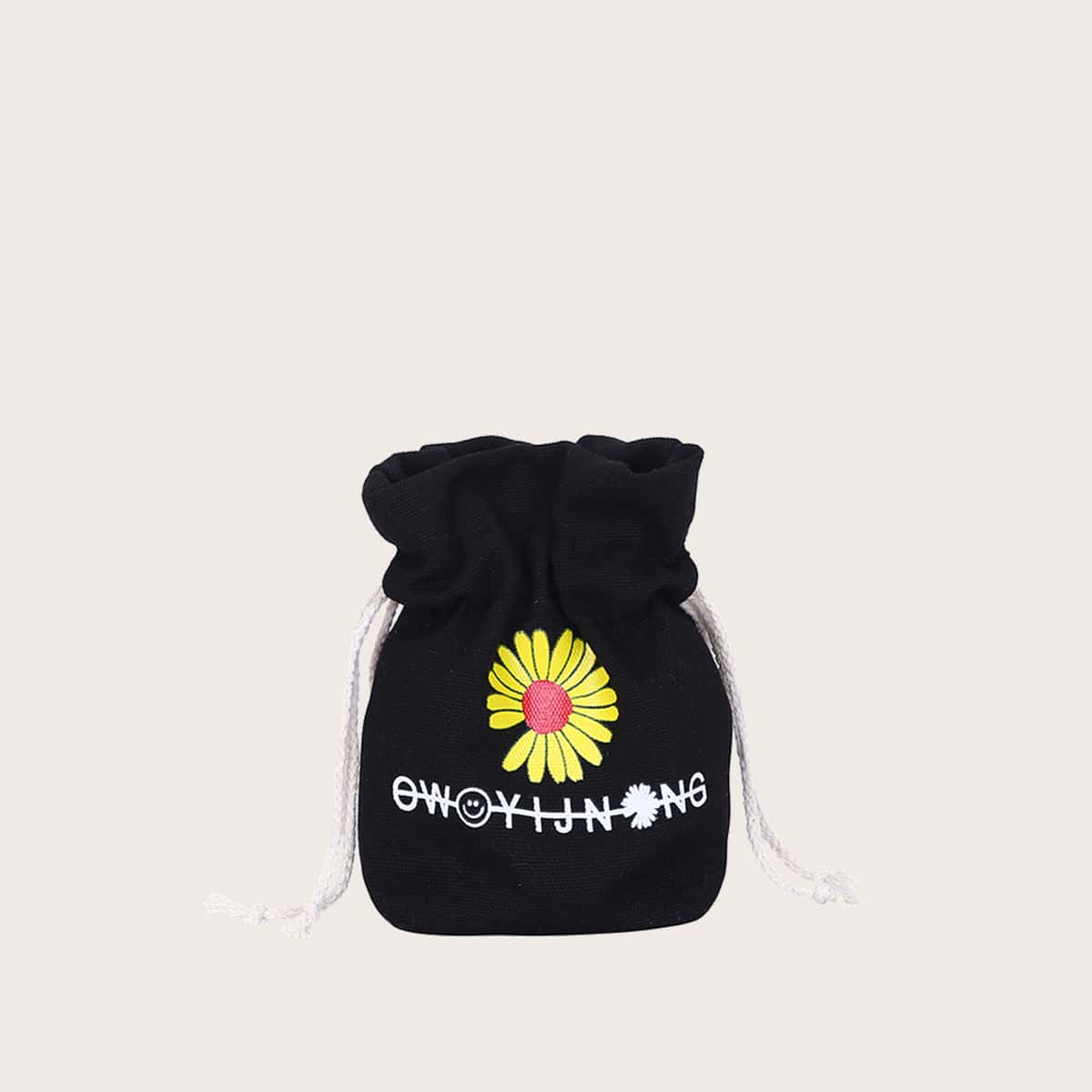 

Floral Drawstring Canvas Bag, Black