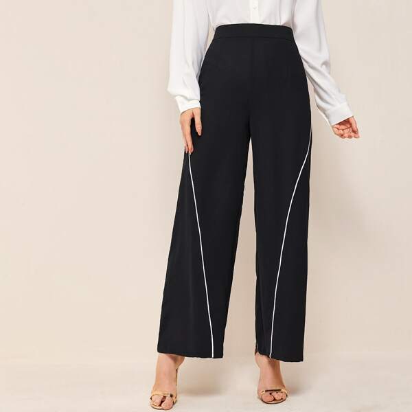 

Contrast Piping Wide Leg Pants, Black