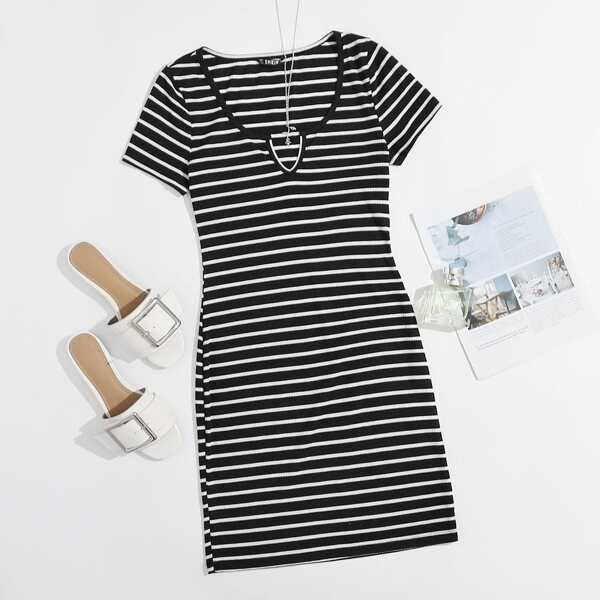 

Notch Neck Rib-knit Striped Dress, Black