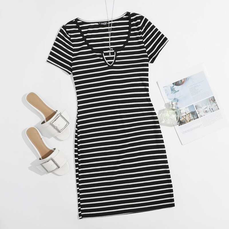 

Notch Neck Rib-knit Striped Dress, Black