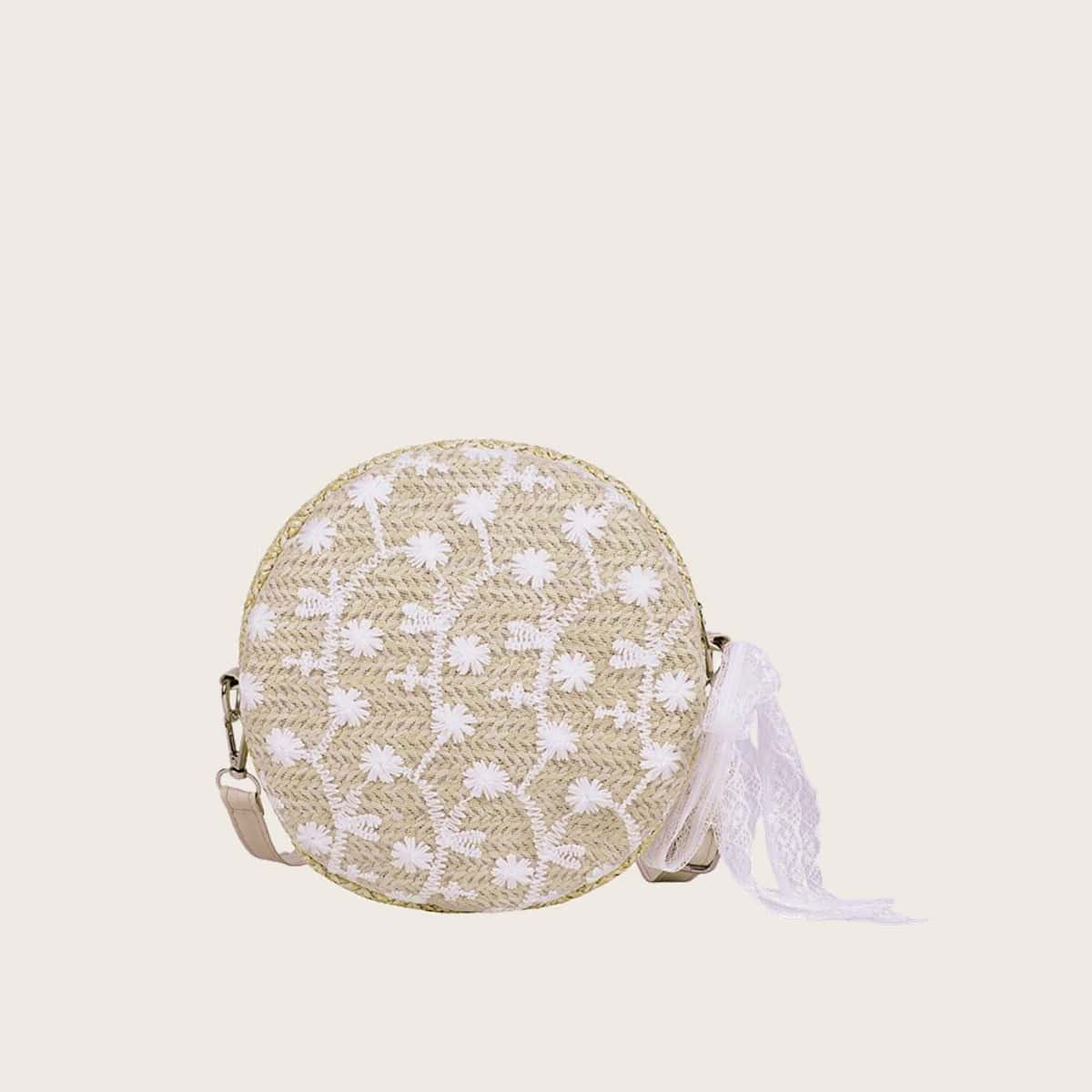 

Floral Straw Round Crossbody Bag, Khaki