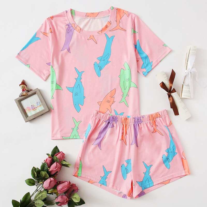 

Cartoon Print Shorts PJ Set, Multicolor