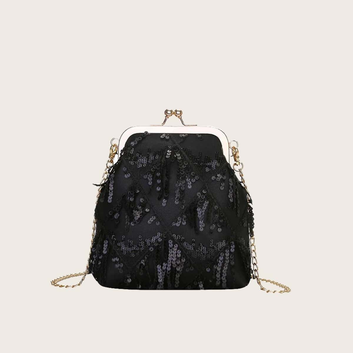 

Sequin Tassel Kiss Lock Chain Bag, Black