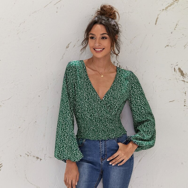 

Lantern Sleeve Ditsy Floral Top, Green