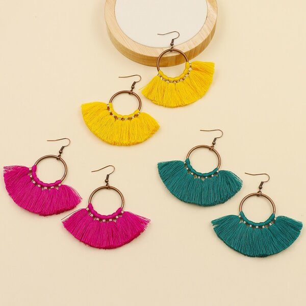 

3pairs Round Tassel Drop Earrings, Multicolor