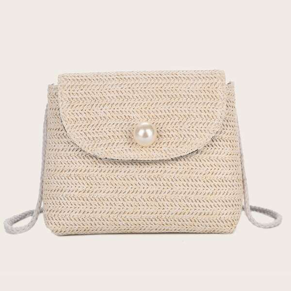 

Faux Pearl Decor Woven Crossbody Bag, Beige
