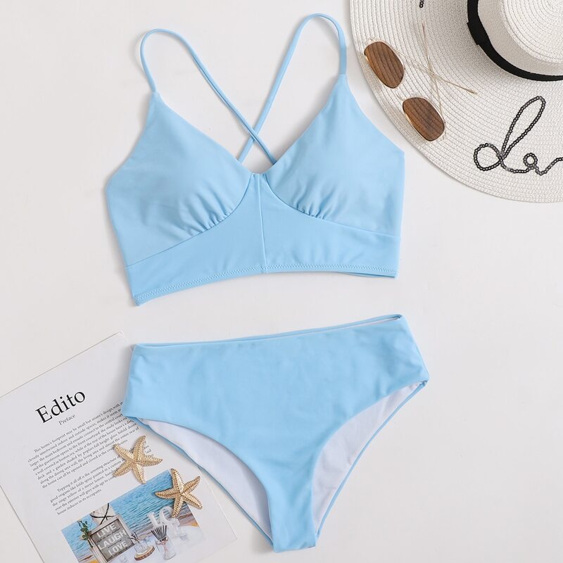 

Solid Criss Cross Bikini Swimsuit, Baby blue