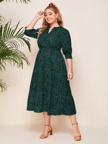 SHEIN Clasi Plus Notched Polka Dot A-Line Dress, Summer - Dark Green - View 1