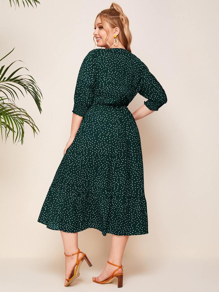 Plus Notched Polka Dot A-Line Dress, Summer