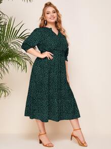 SHEIN Clasi Plus Notched Polka Dot A-Line Dress, Summer - Dark Green - View 3