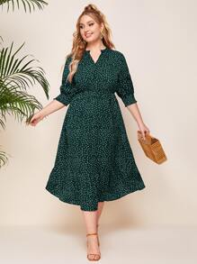 SHEIN Clasi Plus Notched Polka Dot A-Line Dress, Summer - Dark Green - View 4