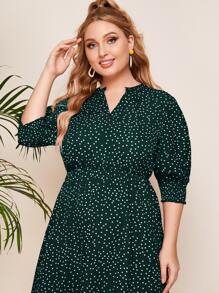 SHEIN Clasi Plus Notched Polka Dot A-Line Dress, Summer - Dark Green - View 5