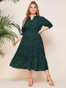 SHEIN Clasi Plus Notched Polka Dot A-Line Dress, Summer - Dark Green - View 6