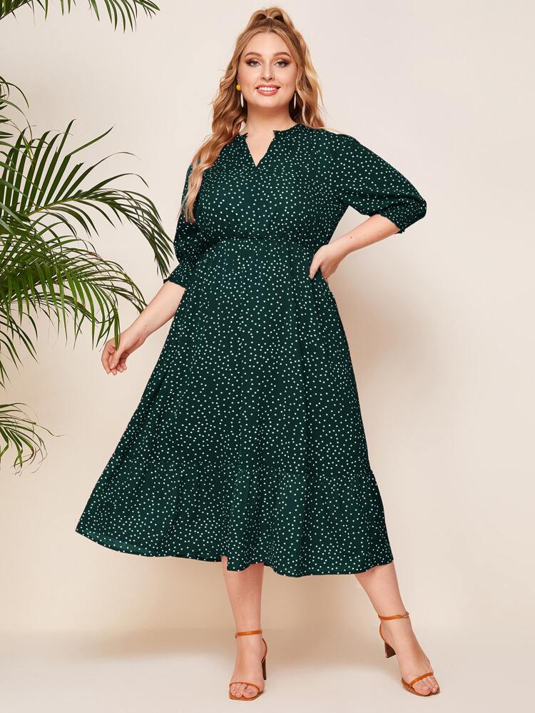 Plus Notched Polka Dot A-Line Dress, Summer