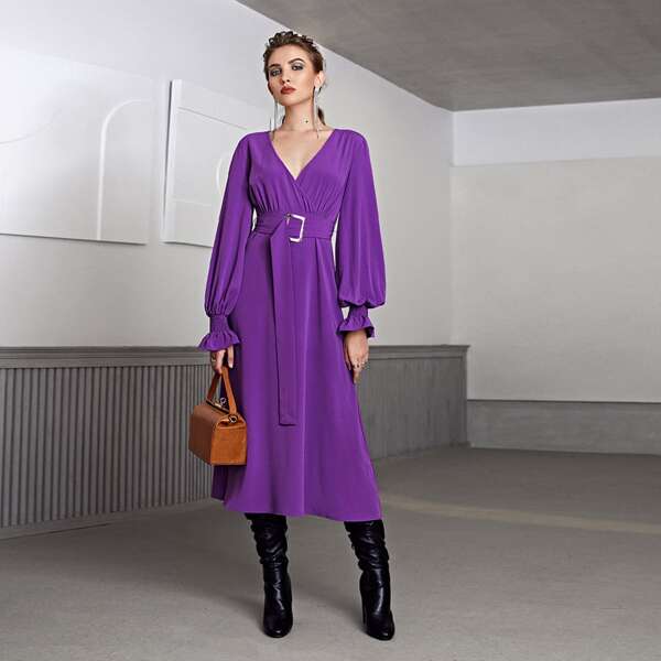 

Surplice Neck Flounce Sleeve Belted Dress, Violet purple