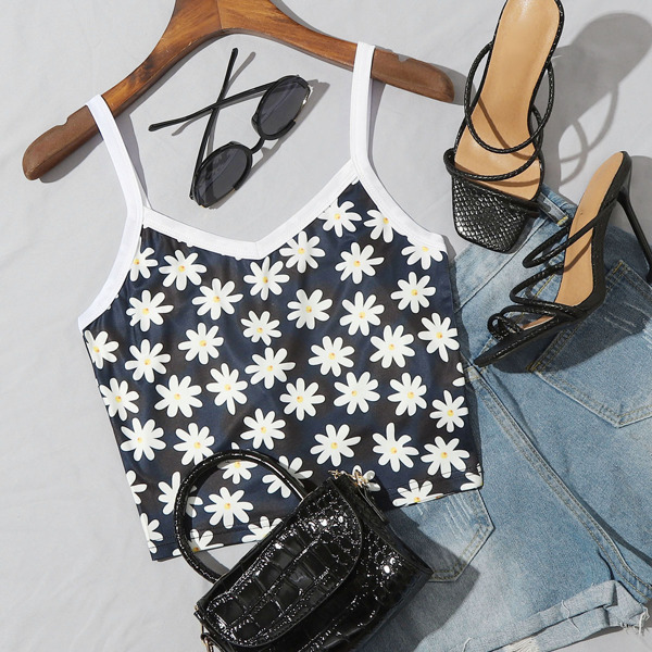 

Contrast Binding Daisy Floral Print Cami Top, Multicolor