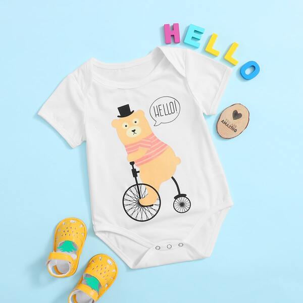 

Baby Boy Cartoon Bear And Slogan Graphic Bodysuit, White
