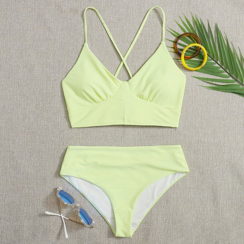

Solid Criss Cross Bikini Swimsuit, Yellow neon