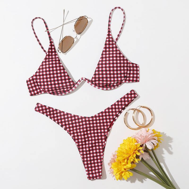 

Gingham Underwire High Leg Bikini Swimsuit, Red