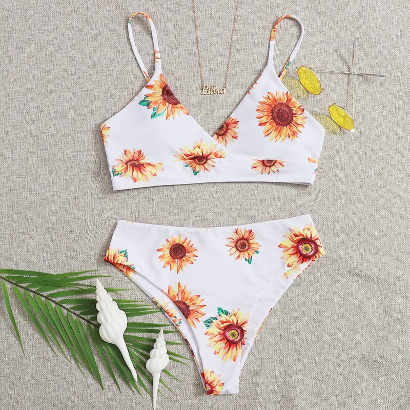

Sunflower Print Wrap Bikini Swimsuit, White
