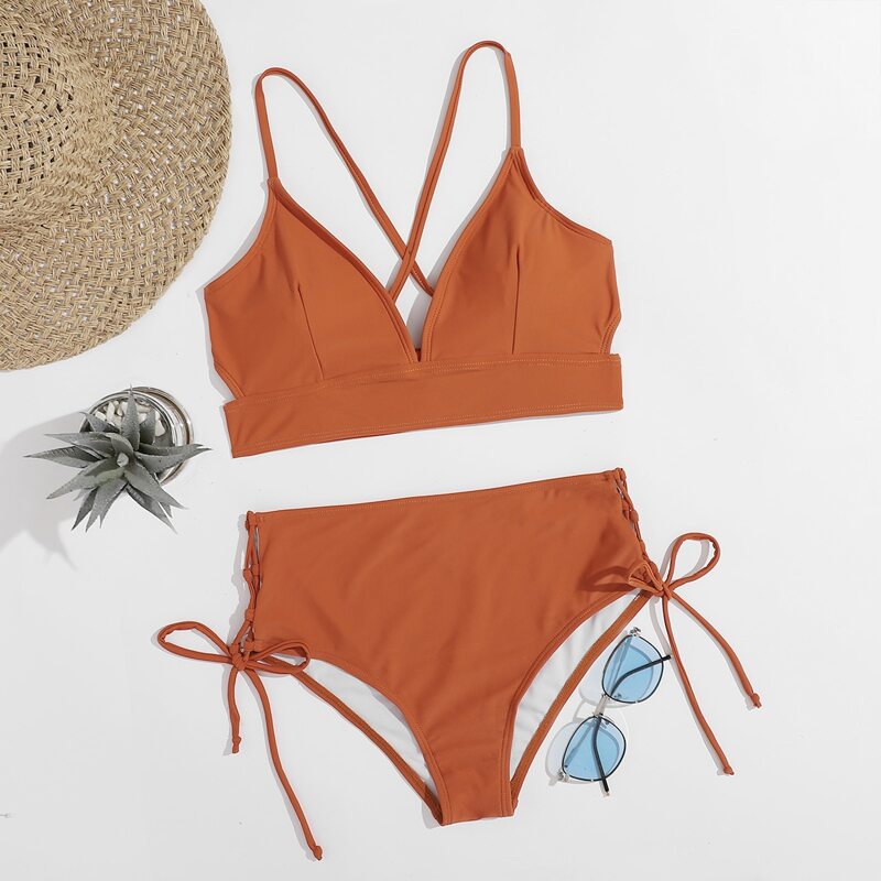 

Solid Tie Side Bikini Swimsuit, Burnt orange