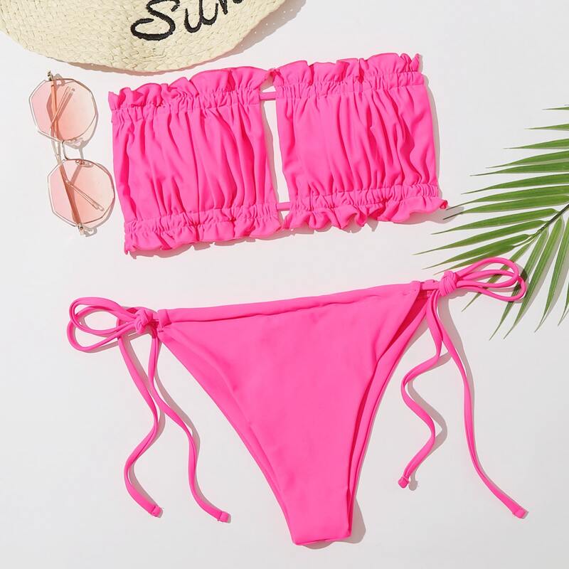 

Ruched Bust Bandeau Tie Side Bikini Swimsuit, Hot pink bright