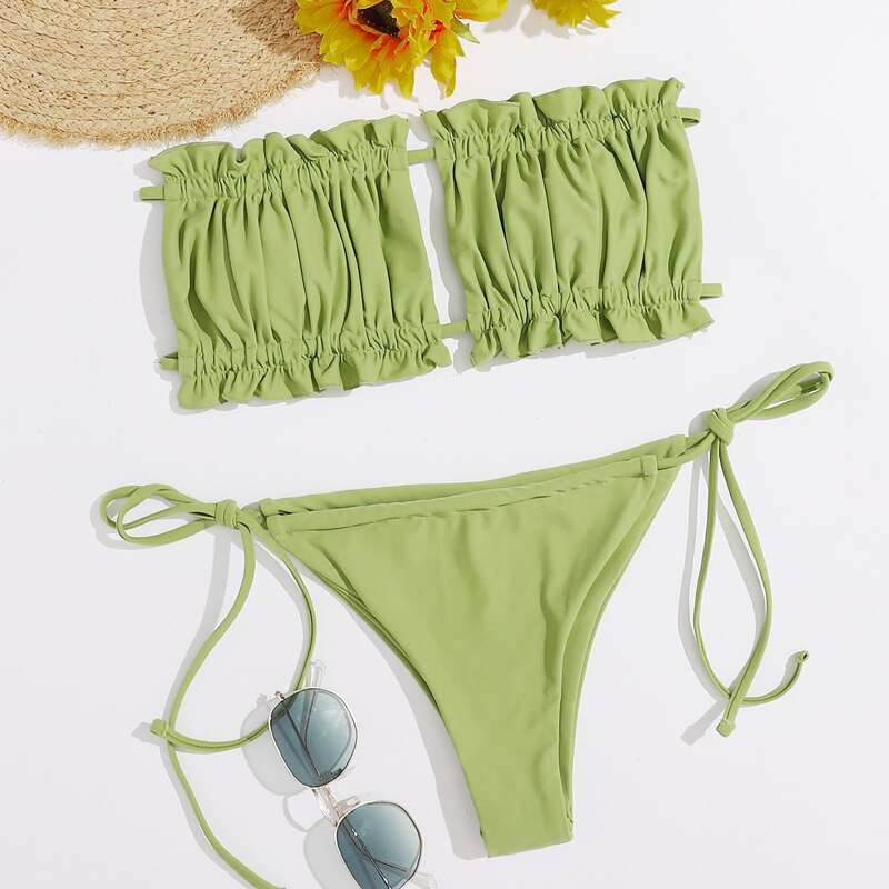 

Ruched Bust Bandeau Tie Side Bikini Swimsuit, Pastel lime green