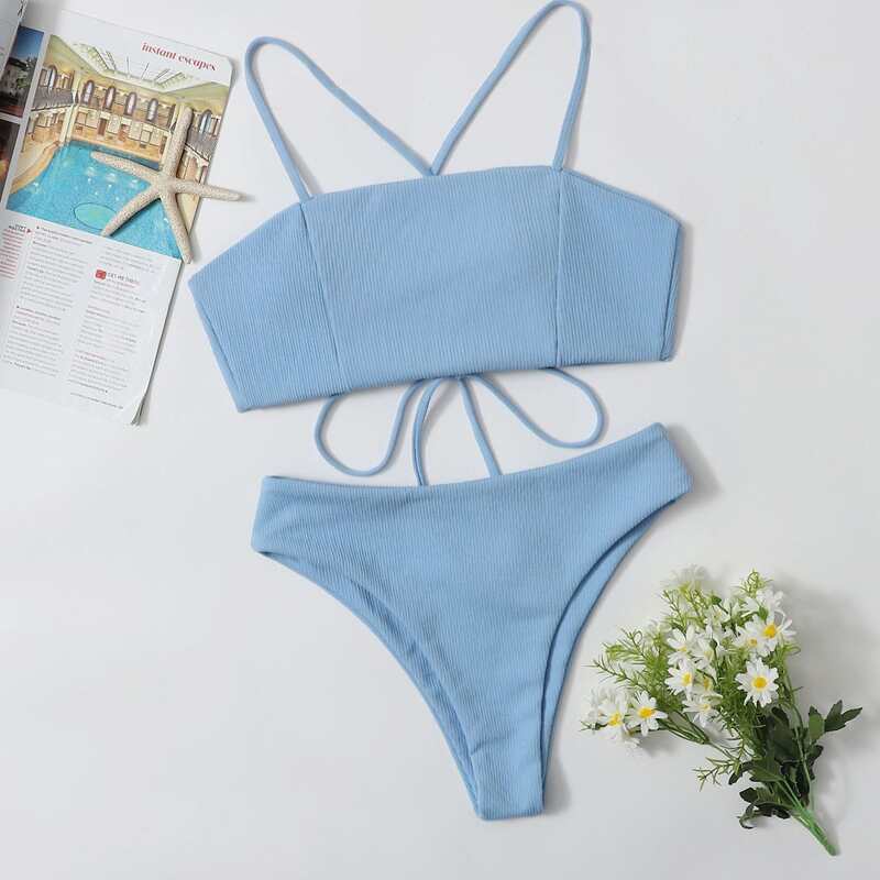 

Solid High Cut Bikini Swimsuit, Baby blue