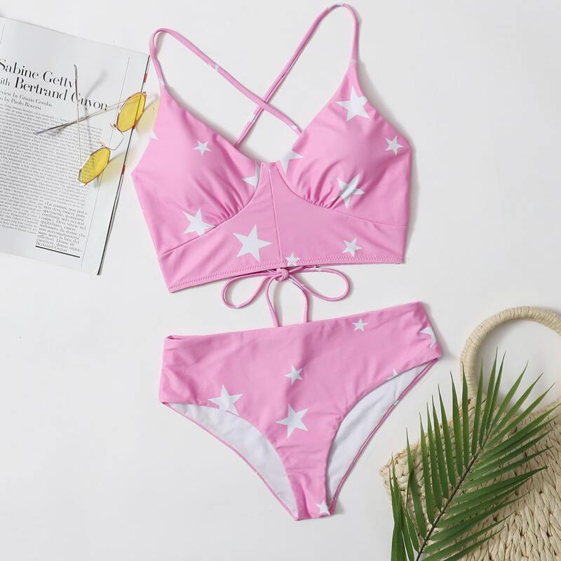 

Star Print Criss Cross Bikini Swimsuit, Baby pink