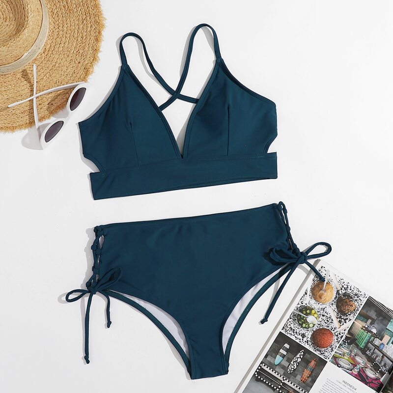 

Solid Tie Side Bikini Swimsuit, Teal blue