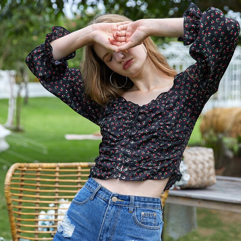 

Ditsy Floral Lace Up Blouse, Black