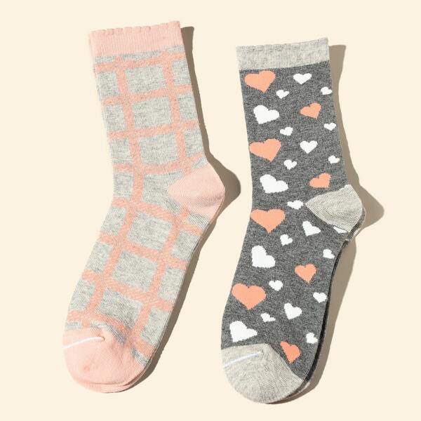 

2pairs Plaid Heart Socks, Grey