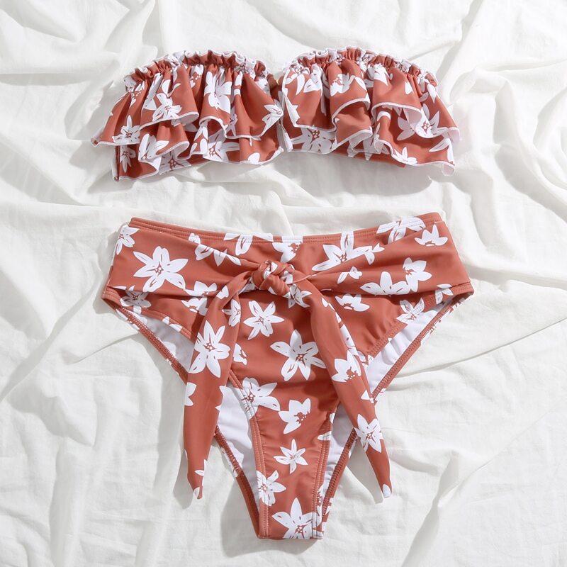 

Floral Tiered Layer Bandeau Bikini Swimsuit, Rusty rose