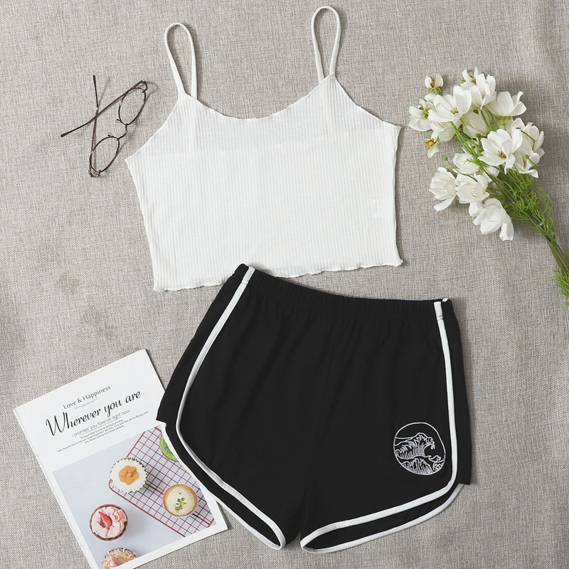 

Wave Graphic Shorts PJ Set, Black and white