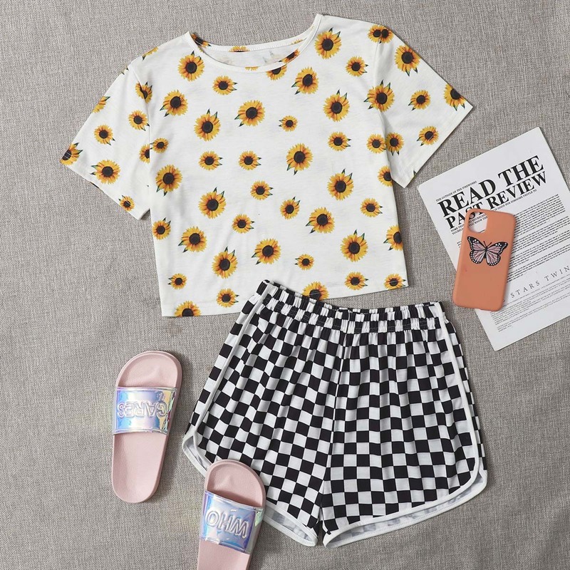 

Sunflower Print & Checkerboard Shorts PJ Set, Multicolor