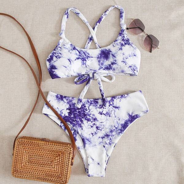 

Tie Dye Rib High Waisted Bikini Swimsuit, Purple