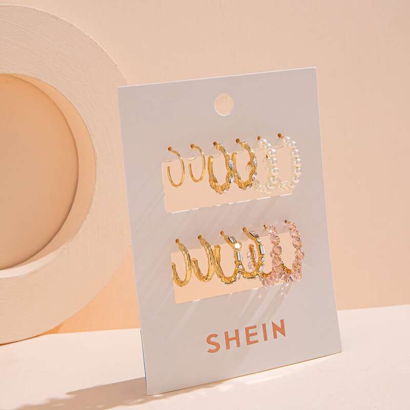 

6pairs Rhinestone Pearl Hoop Earrings, Multicolor