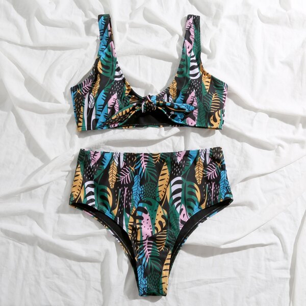

Tropical & Plant Print Knot Front Bikini Swimsuit, Multicolor