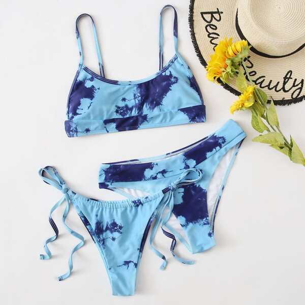 

3pack Tie Dye Tie Side Bikini Swimsuit, Blue