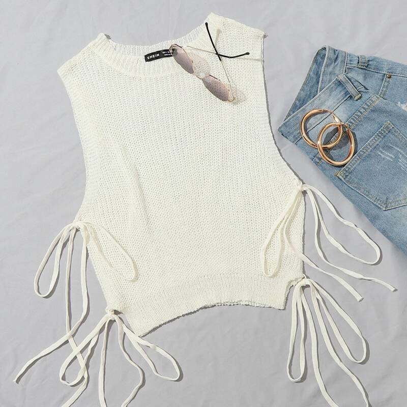 

Tie Side Solid Knit Top, Beige