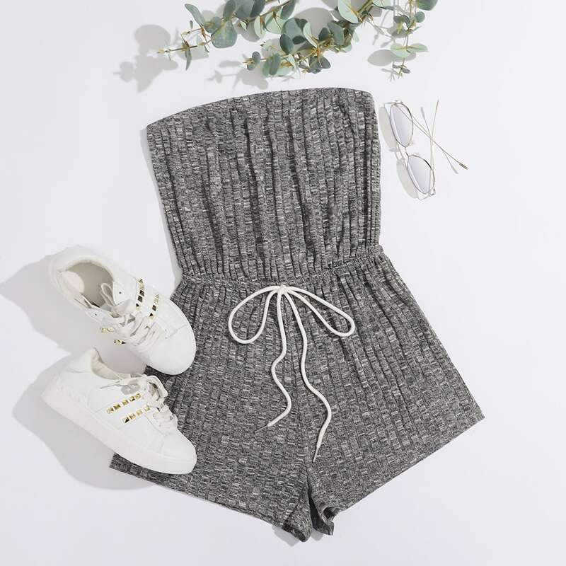 

Knot Waist Rib-knit Tube Romper, Dark grey